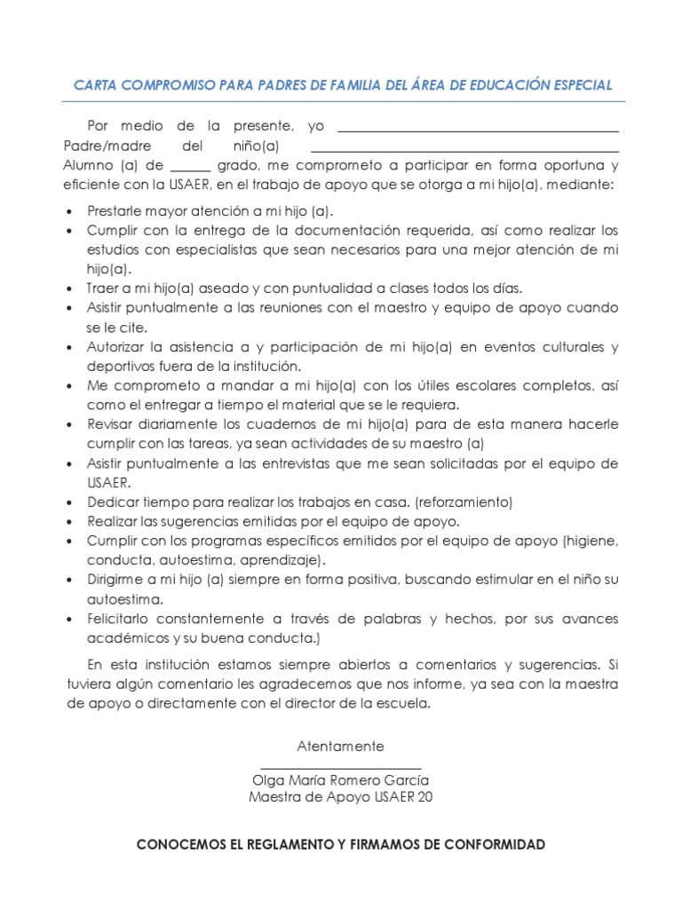 Carta Compromiso De Padres De Familia De Primaria - Las 