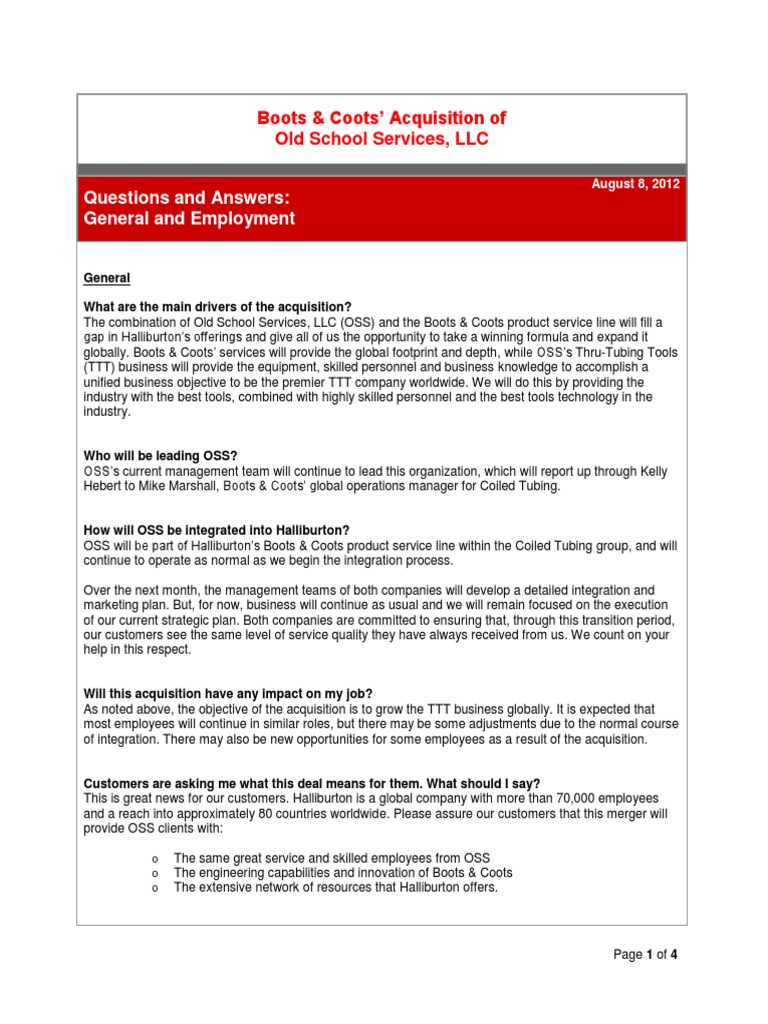 Questions and Answers General and Employment Boots & Coots