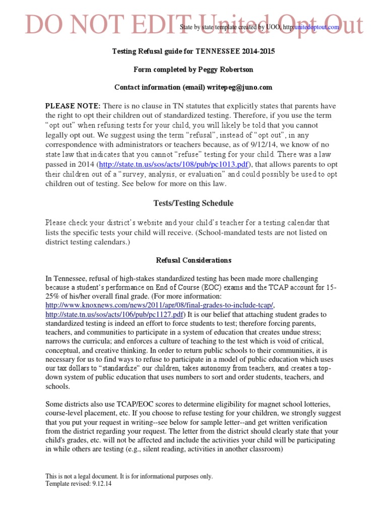 DO NOT EDIT United Opt Out: Testing Refusal Guide For TENNESSEE 2014 ...
