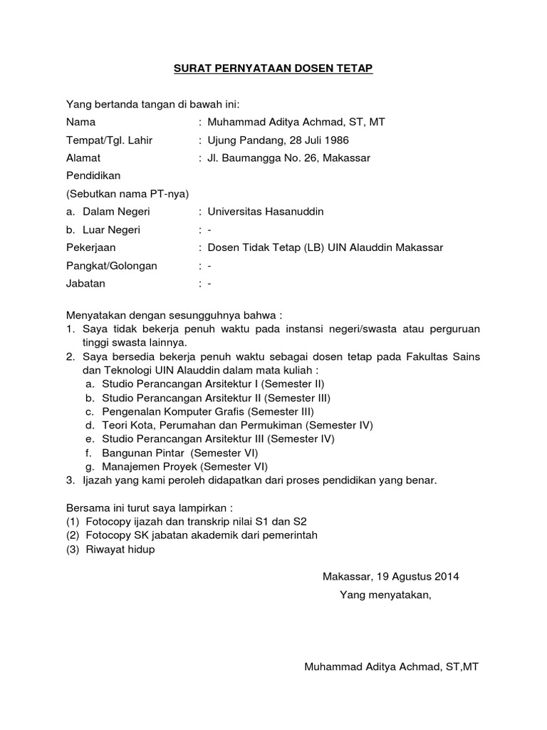 Surat Pernyataan Dosen Tetap | PDF