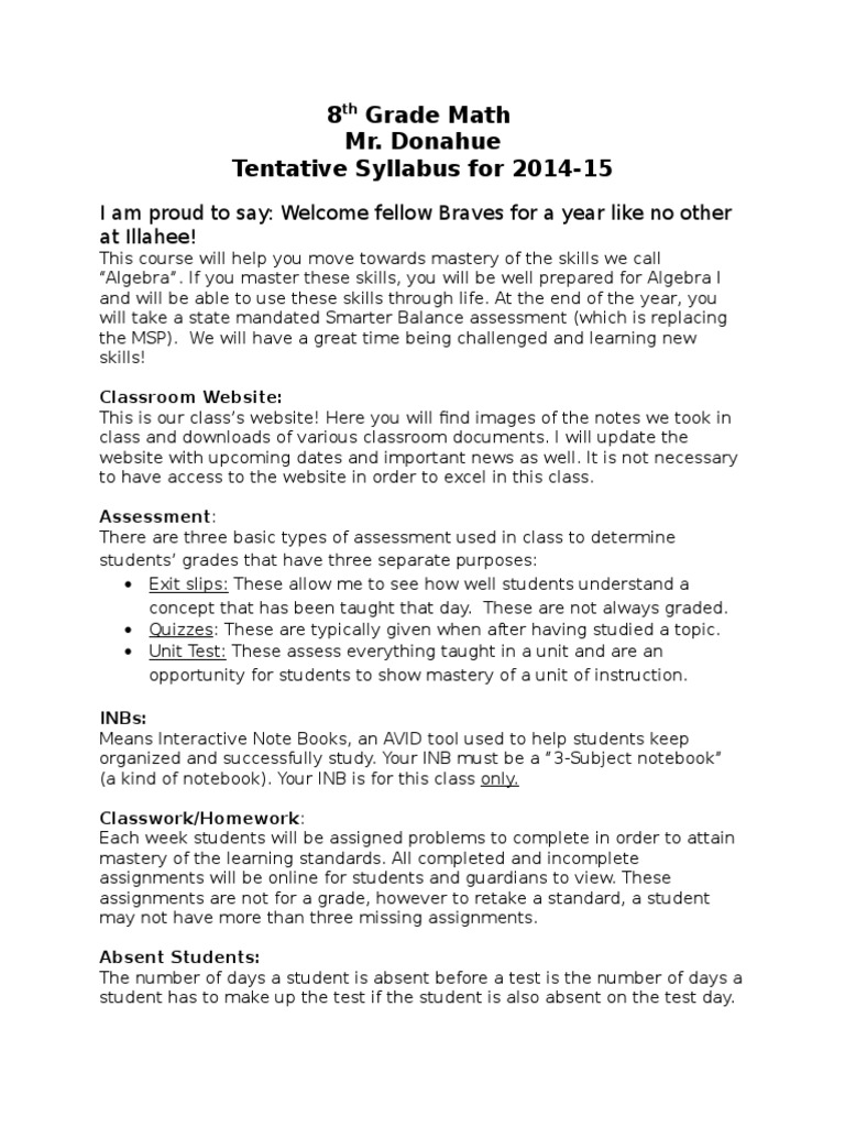 8th Grade Math Syllabus 2014-2015 No Web | PDF | Educational Assessment ...