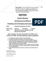 Special Meeting, 9-30-14, Nominations for Officers of CWA Local 1022