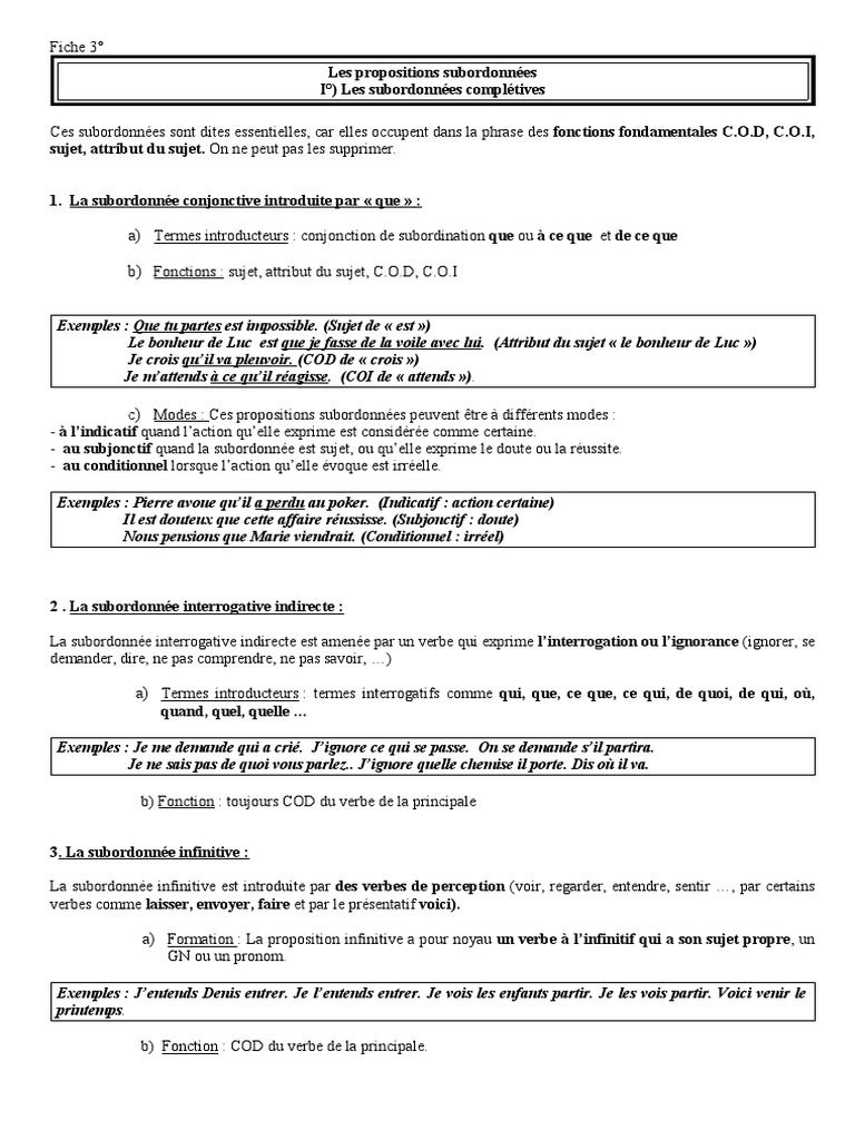 Exercices Corrigés Sur Les Propositions Subordonnées Pdf