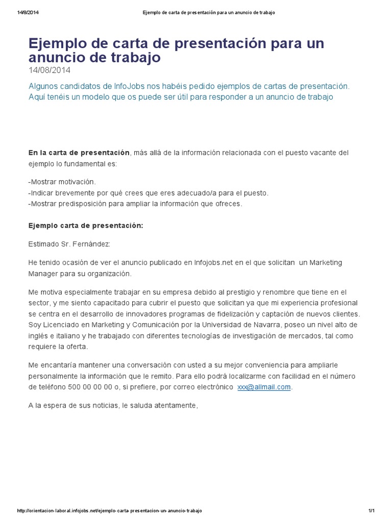 Ejemplo de Carta de Presentación Para Un Anuncio de Trabajo (Infojobs)