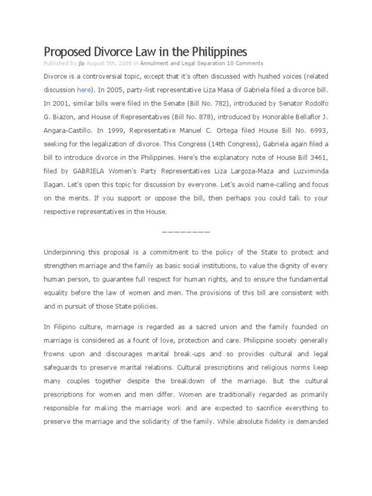 Proposed Divorce Law in The Philippines PDF Marriage Divorce