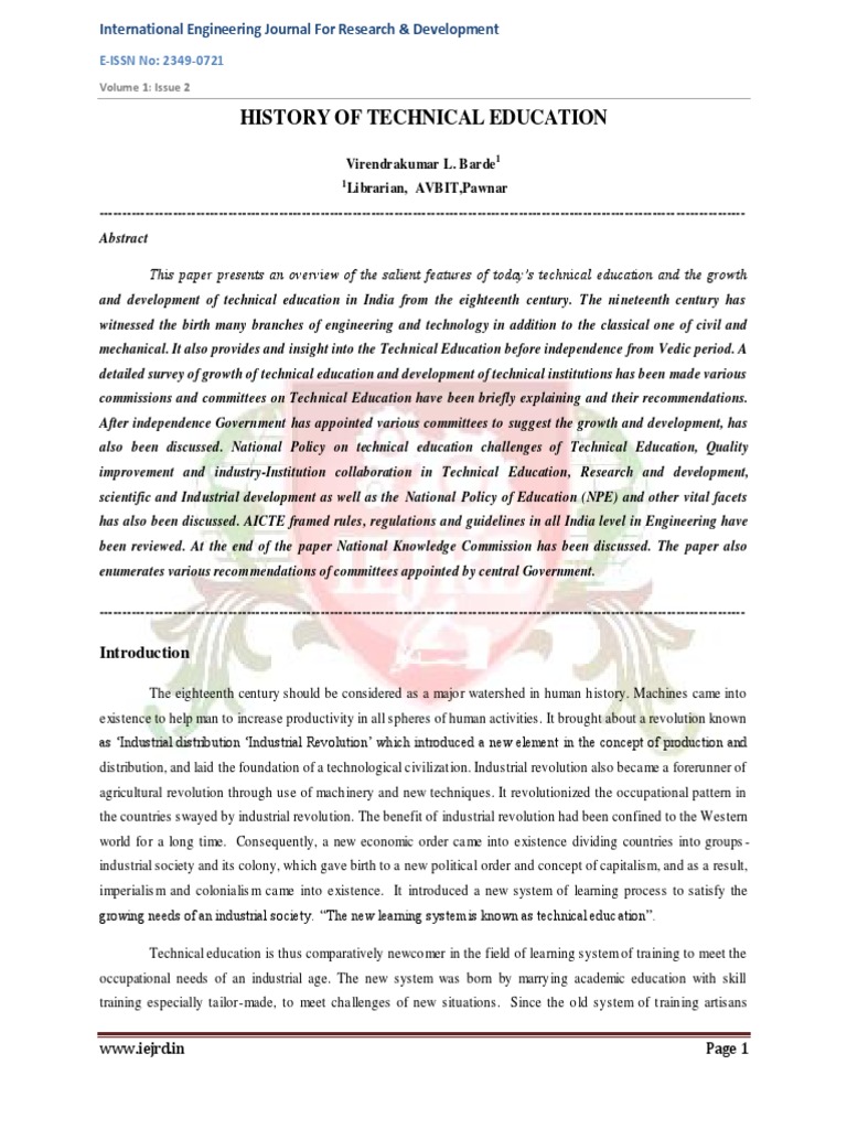 History Of Technical Education Pdf Vocational Education Institute
