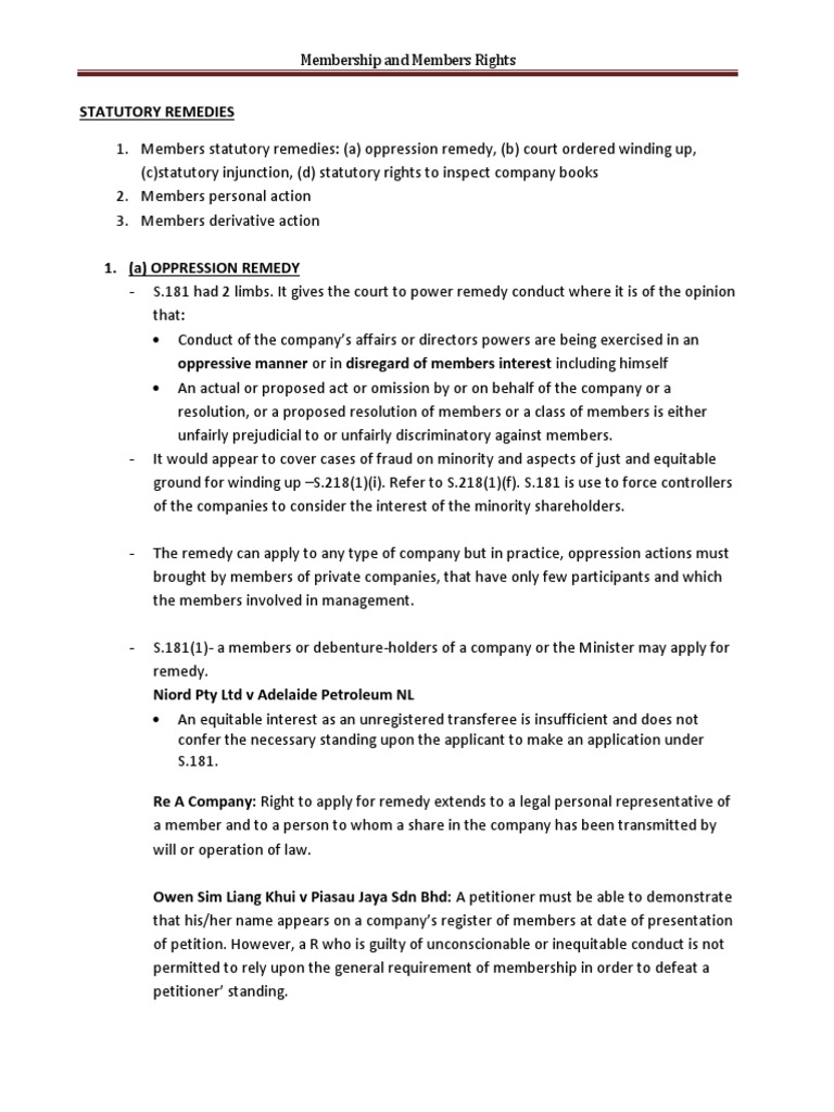 Members' Rights and Oppression Remedies | PDF | Liquidation | Corporate Law