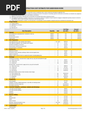 Construction Cost Estimator for Subdivision Work