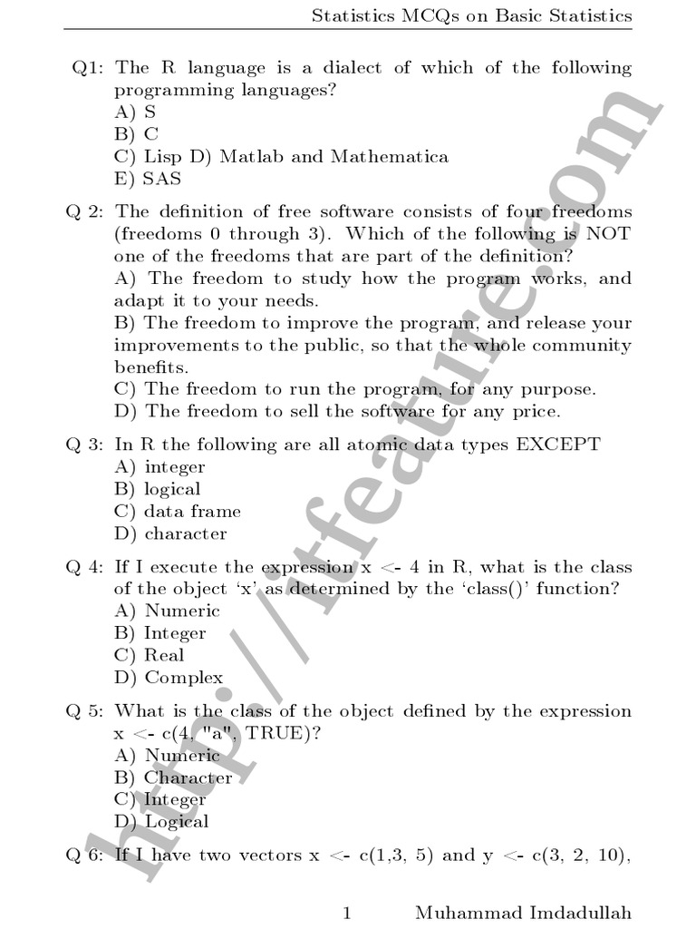 R Programming MCQs and Answers | PDF | C (Programming Language ...