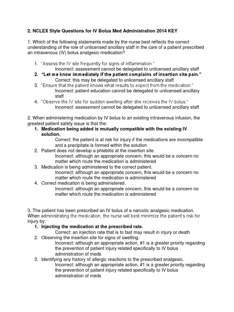 NCLEX Style Questions for IV Bolus Med Administration 2014 KEY