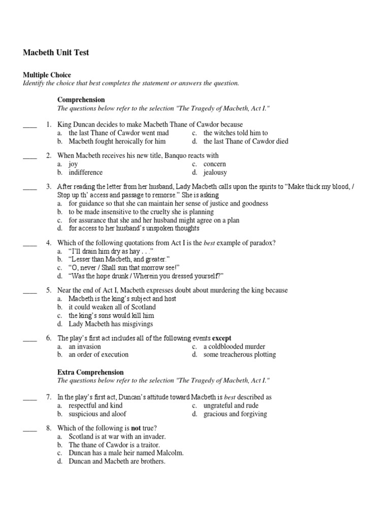 Macbeth Unit Test Study Question and Answers