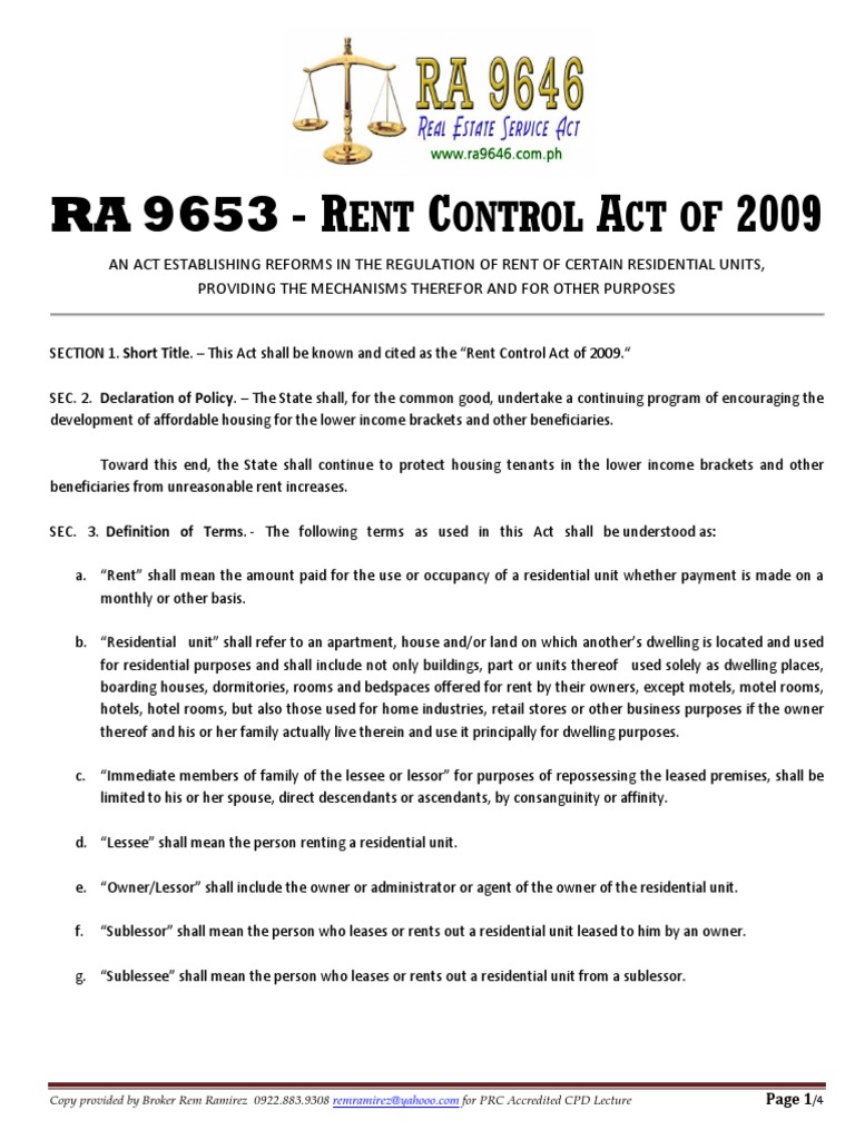 RA 9653 Rent Control Act of 2009 Lease Renting