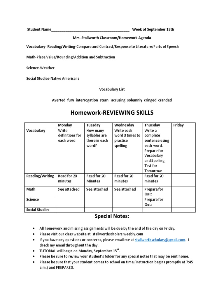 Weekly Homework Agenda for Students | PDF | Language Arts & Discipline ...