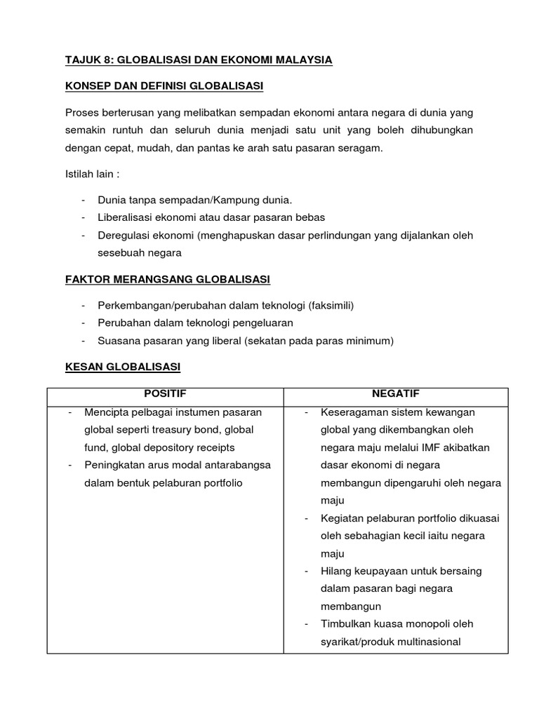 Tajuk 8 - Globalisasi Dan Ekonomi Malaysia  PDF