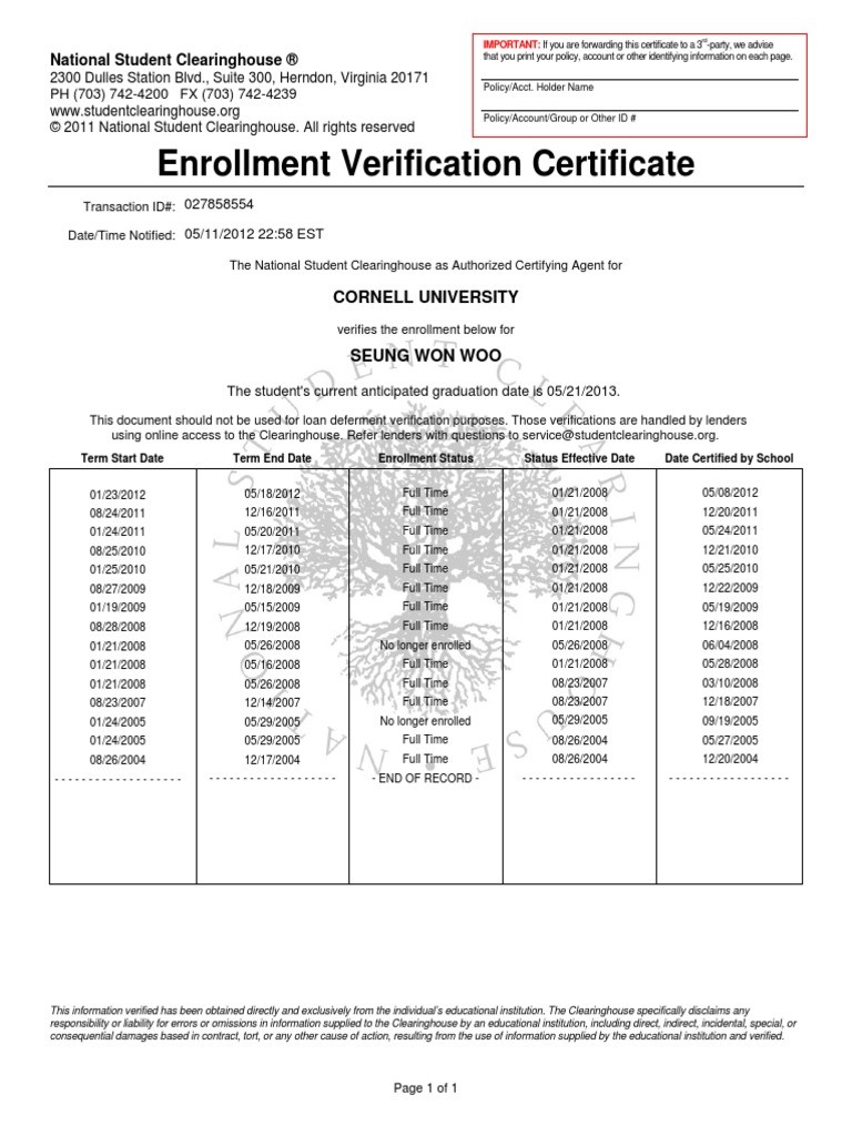 Enrollment Verification Certificate: Cornell University PDF Business