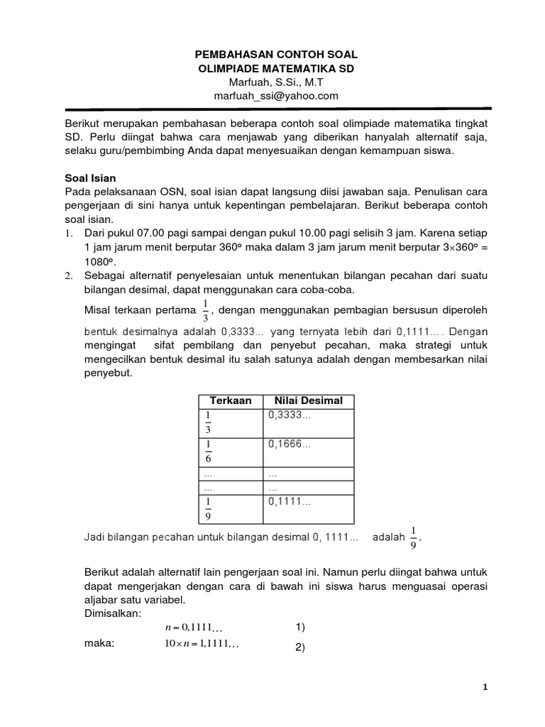 Pembahasan Soal Olimpiade Matematika Sd