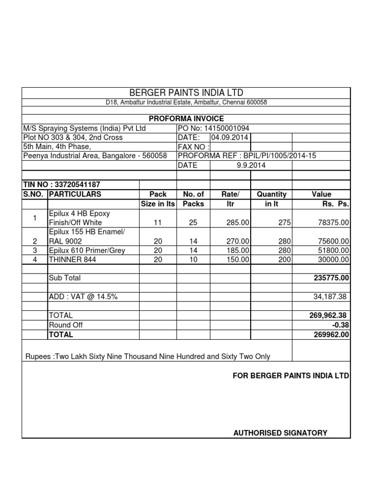 Berger Paints Proforma Invoice 2014 | PDF