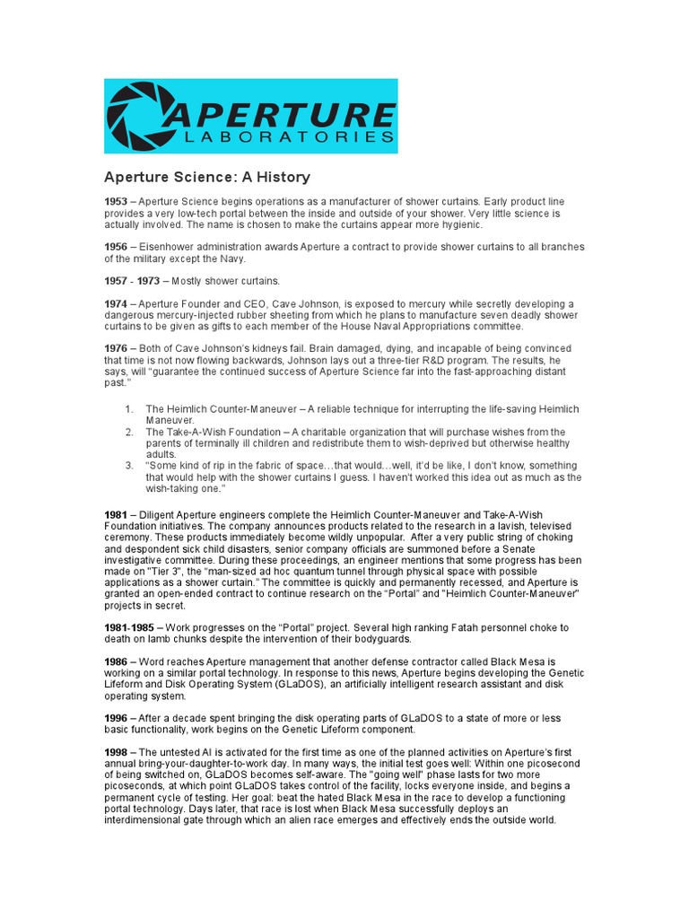 History of Aperture Science Innovations | PDF | Home & Garden | Science ...