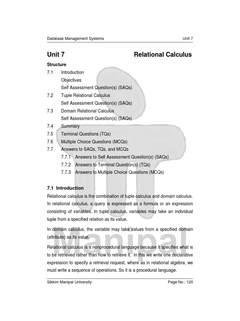Unit 7 Relational Calculus: Structure | PDF | Relational Model | Data Model