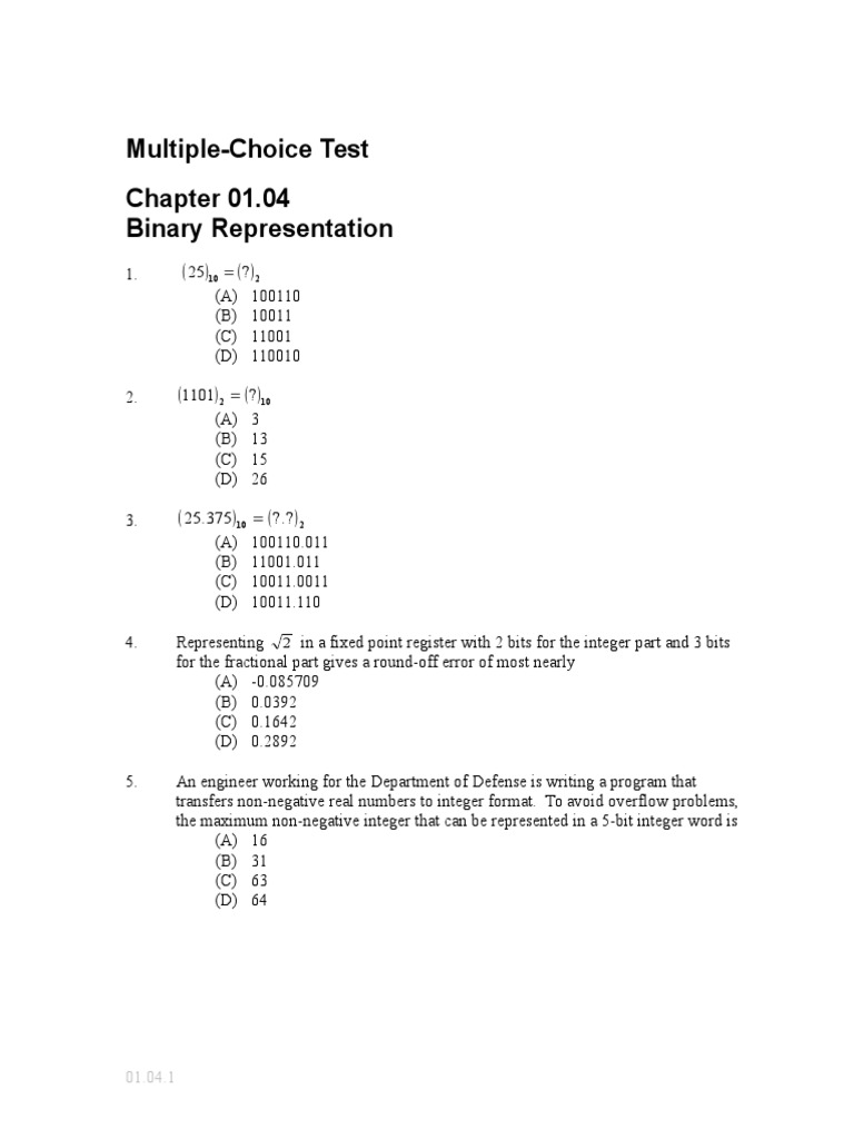 Binary Representation Quiz | PDF