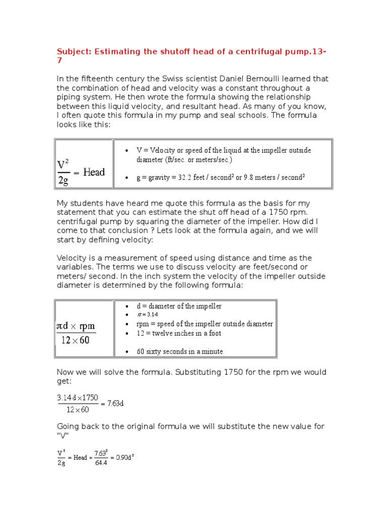 Estimating the Shutoff Head of a Centrifugal Pump Using Bernoulli's