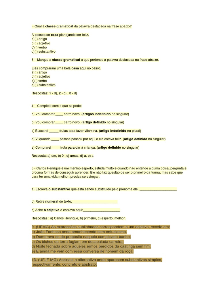 Classes de Palavras - Racha Cuca RESPOSTA, PDF, Pronome