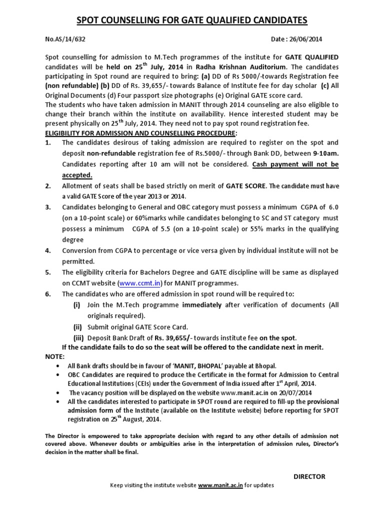 M.Tech Spot Counselling for GATE | PDF | Fee | Government