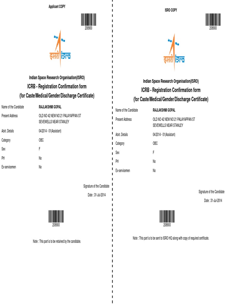 ISRO Registration Confirmation Form | PDF | Career & Growth | Sports ...