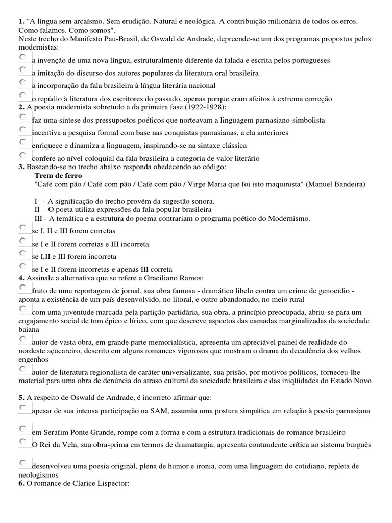 Exercicios Modernismo 3 Fase Com Gabarito Pdf