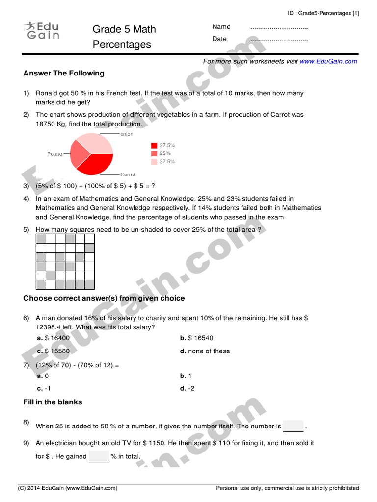 Grade 5 Math Percentages: Answer The Following