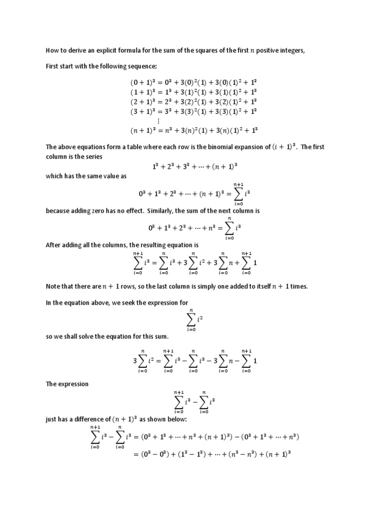 How To Derive An Explicit Formula For The Sum Of The Squares Of The First N Positive Integers Summation Fraction Mathematics