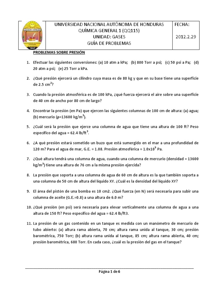 Problemas de Gases y Presión en Química | PDF | Gases | Mole (Unidad)