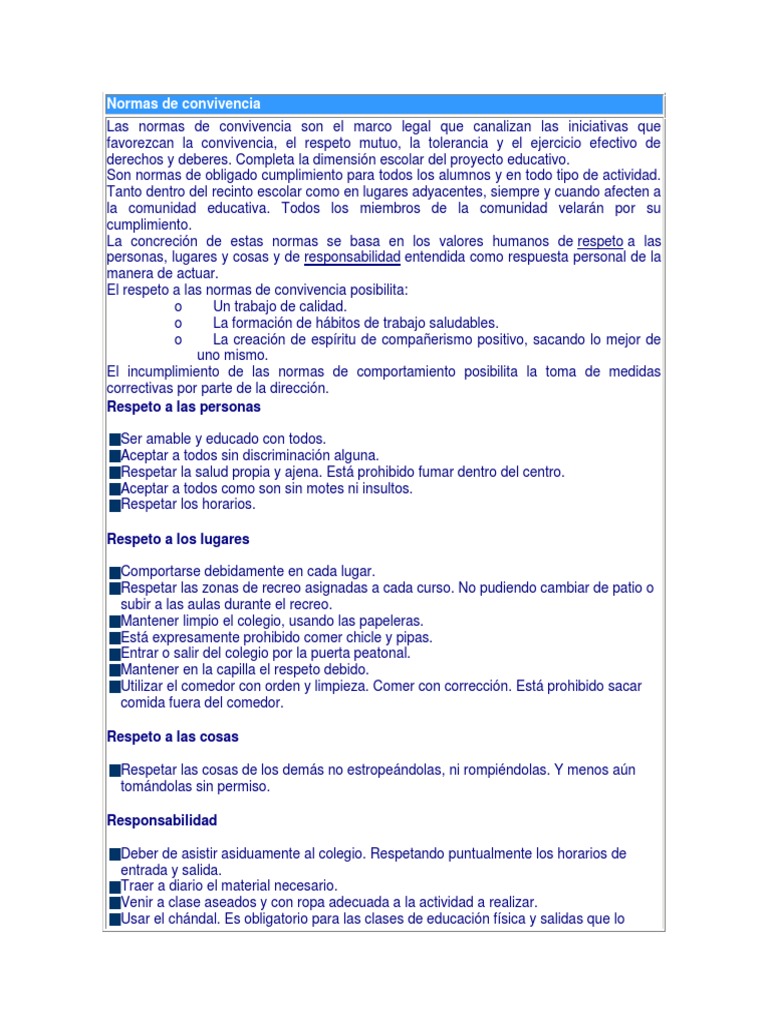 Normas de Convivencia Escolar y Familiar | PDF | Comportamiento ...