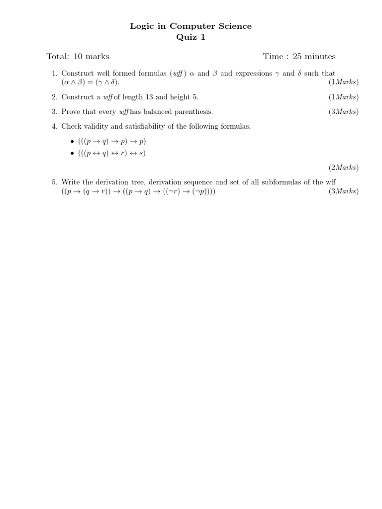 Logic in Computer Science Quiz 1 | PDF