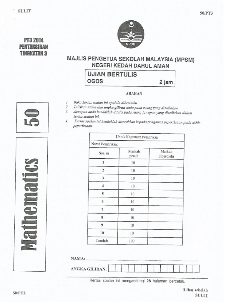 Soalan Percubaan PT3 Kedah Matematik 2014