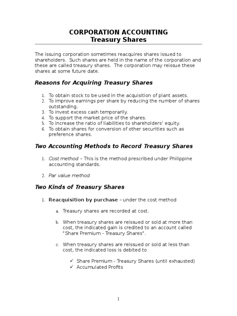 Corporation Accounting Treasury Shares PDF Treasury Stock