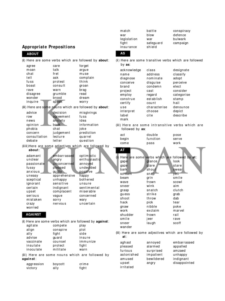 Prepositions PDF Chair Verb