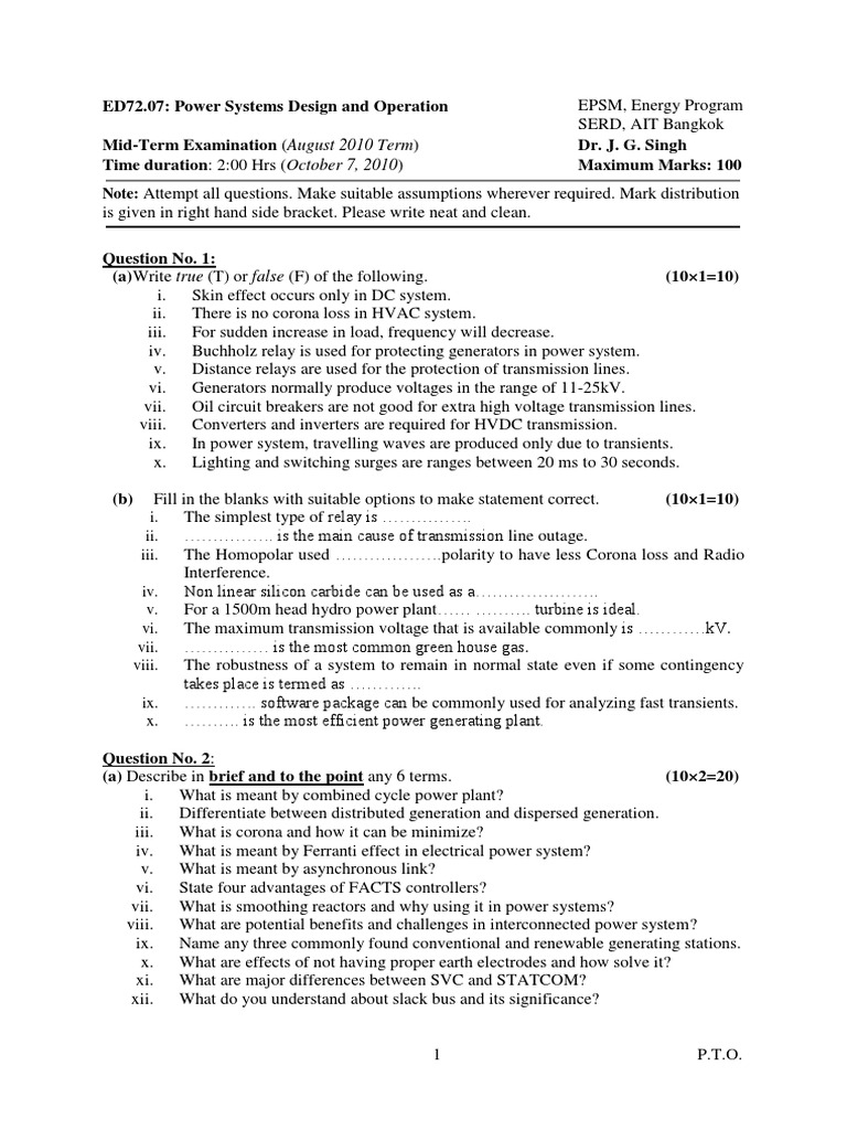 Power Systems Design Exam Questions | PDF | Electric Power System ...
