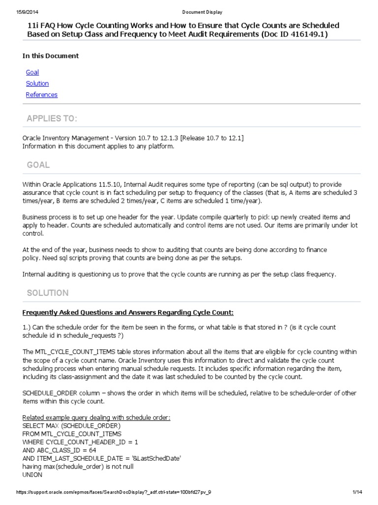 Oracle Standard Work Cycle Counting
