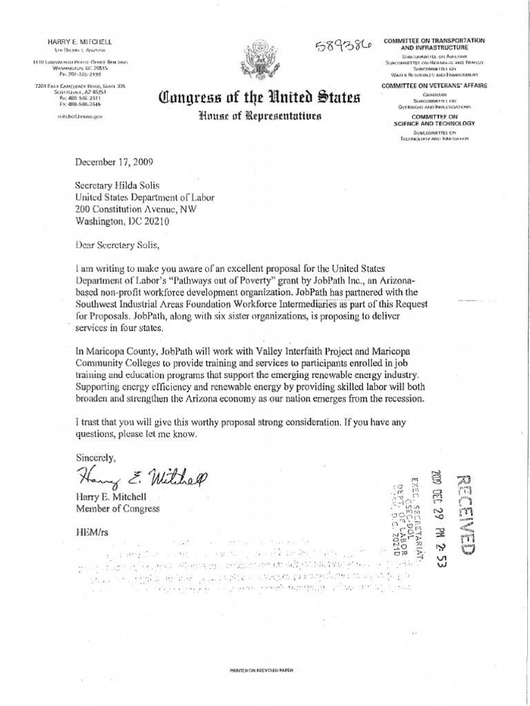 Letters from members of Congress to the Department of Labor regarding discretionary grant