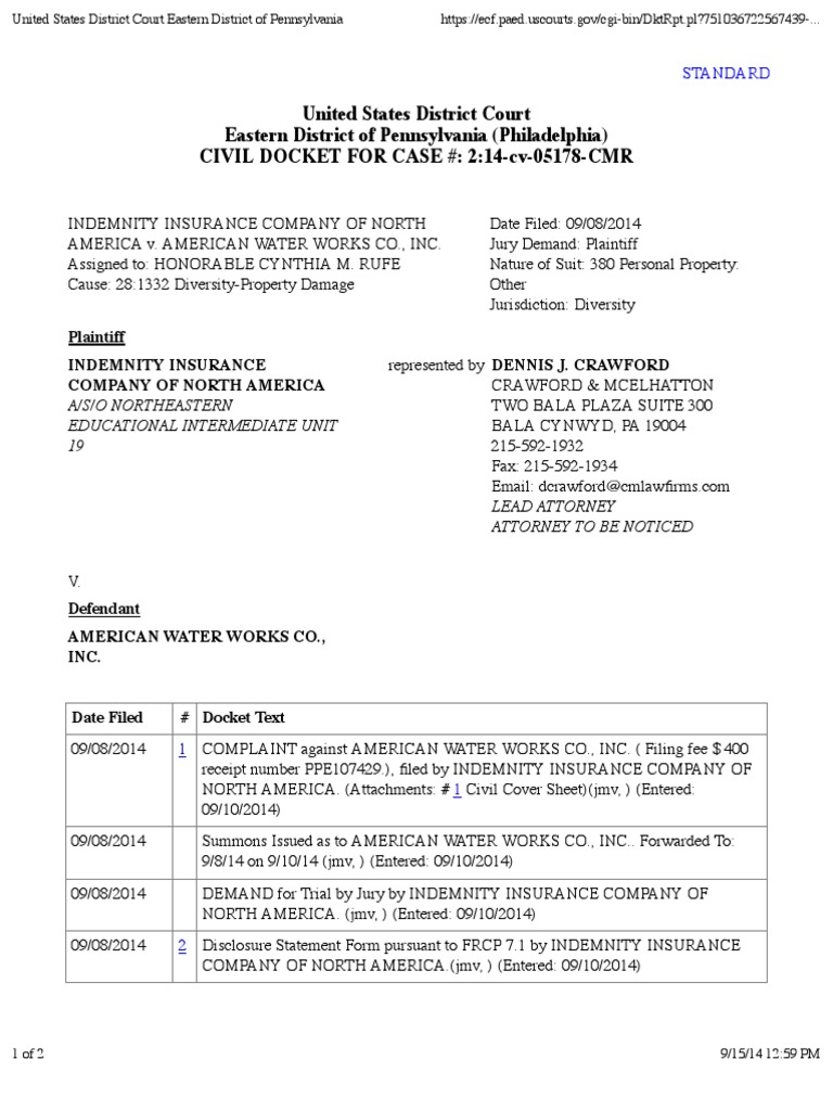 INDEMNITY INSURANCE COMPANY OF NORTH AMERICA v. AMERICAN WATER WORKS CO ...