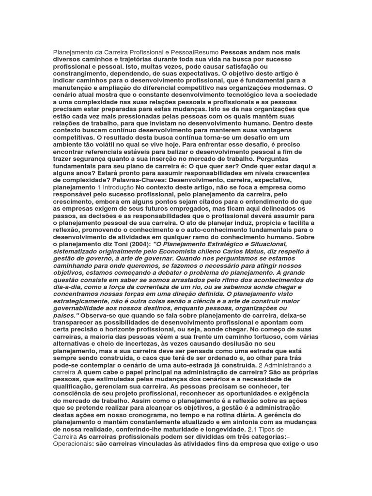 Planejamento Da Carreira Profissional e PessoalResumo | PDF ...