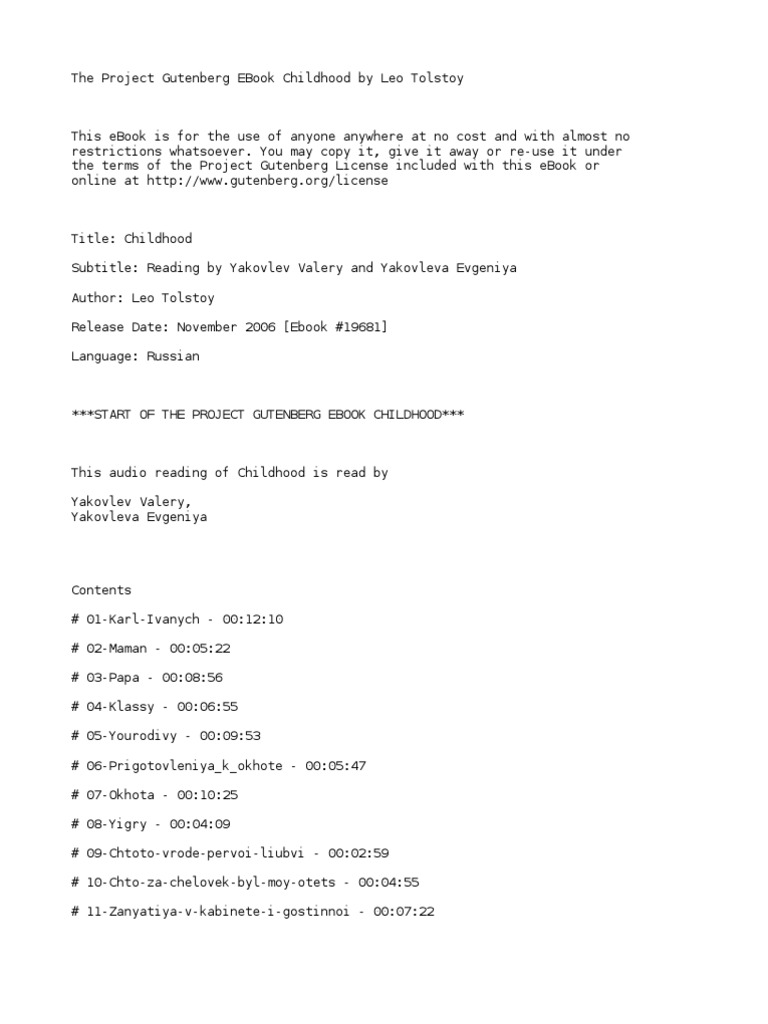 Детство by Tolstoy, Leo, graf, 18281910 PDF Project Gutenberg Copyright