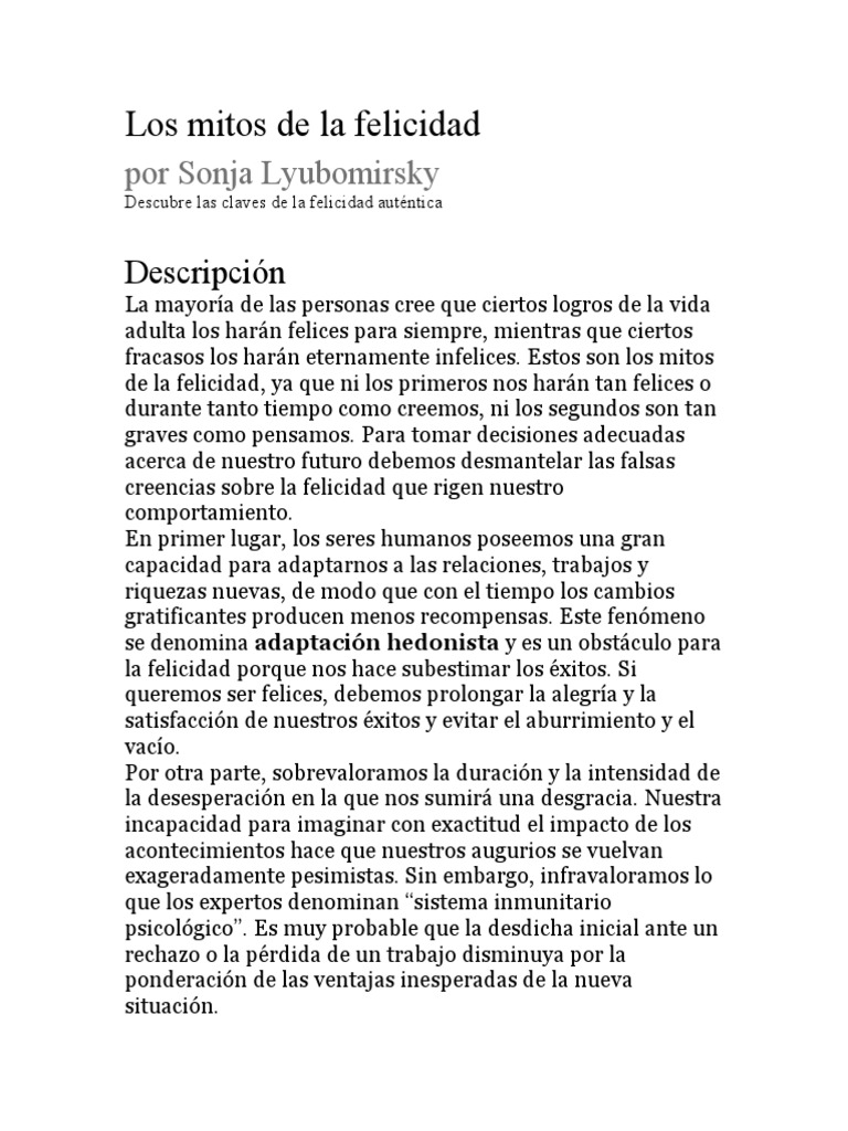 Mitos de la felicidad según Lyubomirsky | PDF | Felicidad | Toma de ...