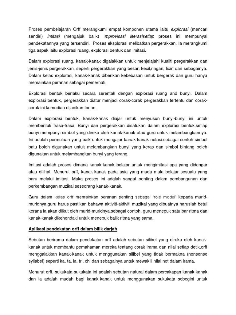 Proses Pembelajaran Orff Merangkumi Empat Komponen Utama Iaitu Explorasi Pdf