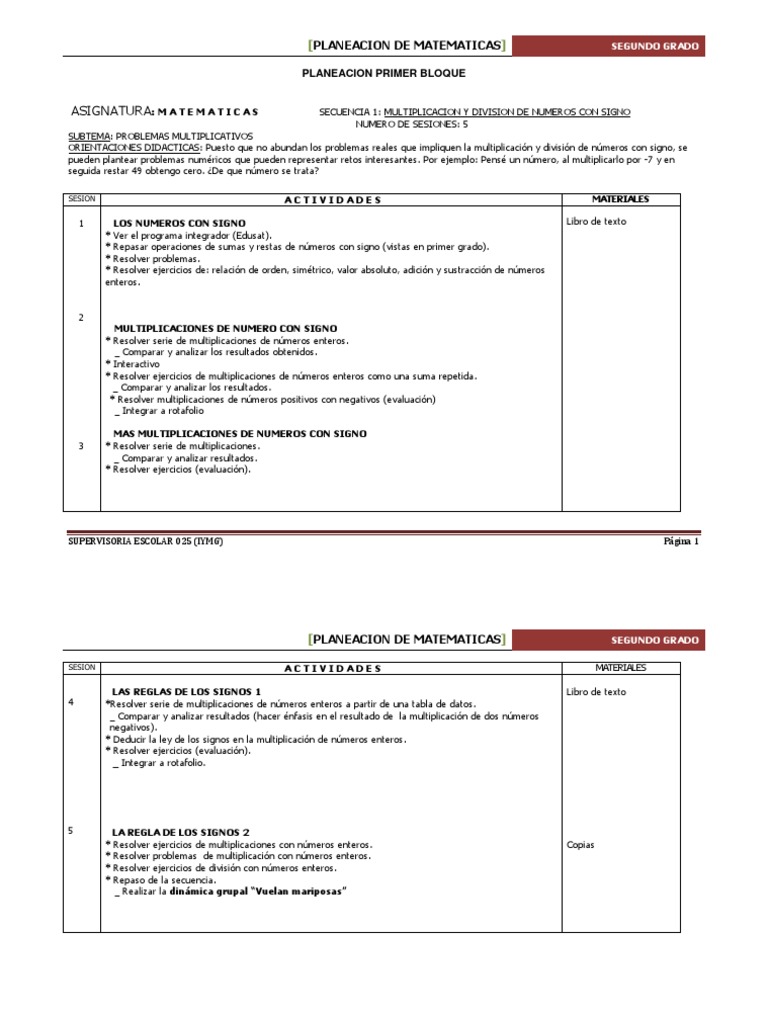 Planeacion de Matematicas Segundo Grado Multiplicación Entero