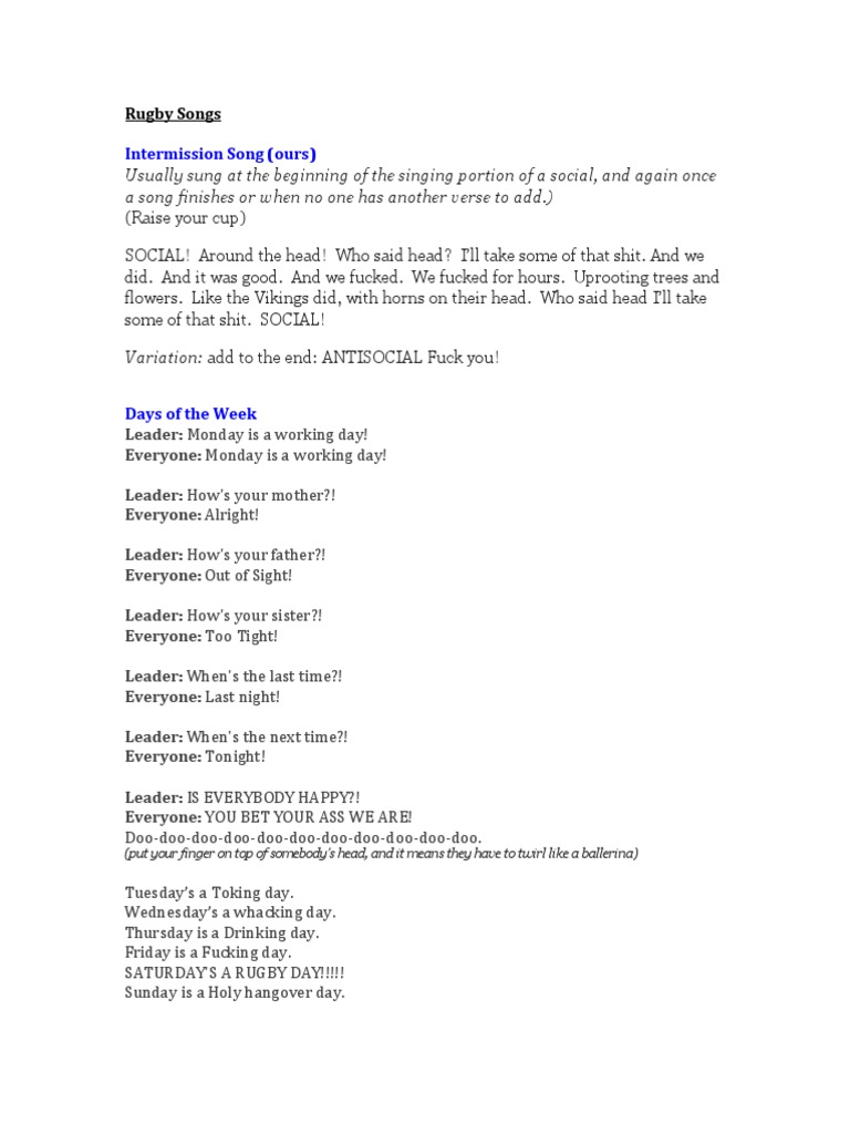Rude Rugby Songs and Chants Collection | PDF | Sports | Leisure