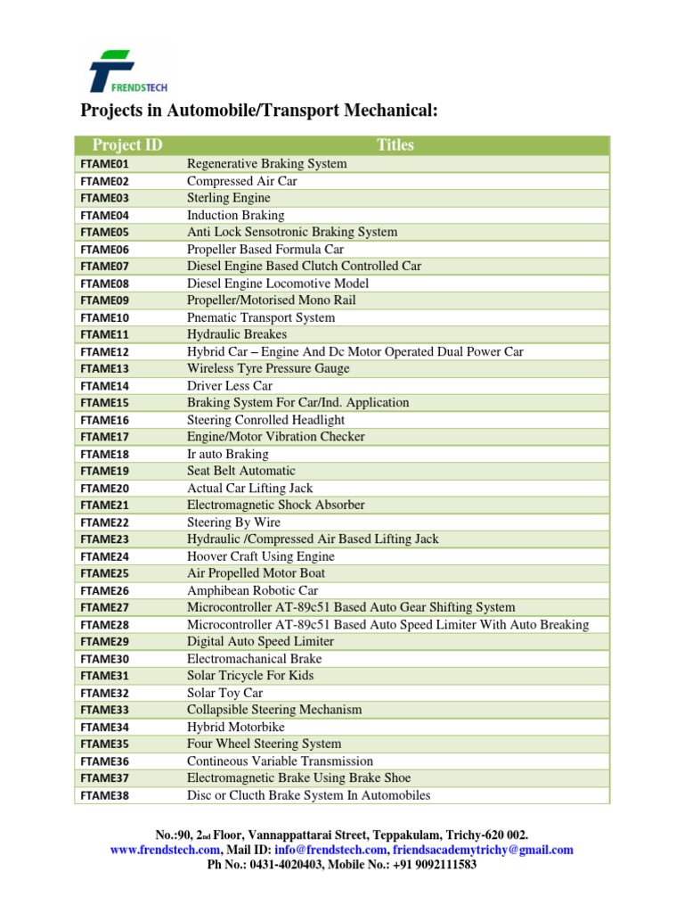 Automobile Project Ideas and Topics | PDF