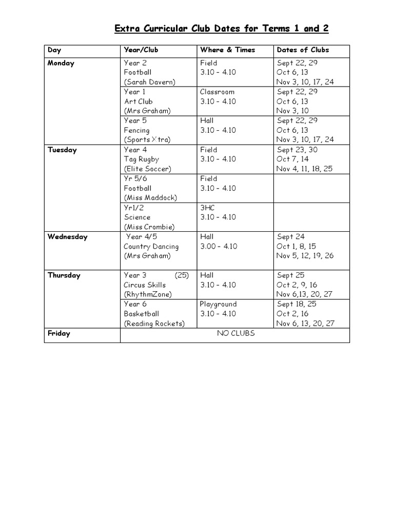 Club Timetable Terms 1 and 2 2014 | PDF