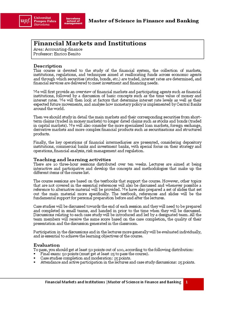 Financial Markets and Institutions Course | PDF